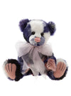 Charlie Bears Zuri plush teddy bear in patchwork colors of dusky pink, black, cream, brown, and blue, soft, unique, and cuddly