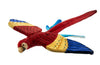 Hansa Scarlet Flying Macaw plush toy with vibrant red, blue, and yellow feathers, designed to look realistic.