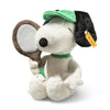 Snoopy tennis plush toy wearing outfit with visor and racquet, 22cm soft Peanuts stuffed dog sitting with green collar