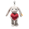 Steiff Hoppie Rabbit Love Pendant soft grey plush with red heart, Button in Ear