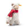 Steiff Leandro Christmas llama soft toy in cream plush with beige details and a red scarf, 19cm tall.