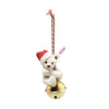 Limited edition Steiff snow-white Christmas ornament teddy bear holding a bell with classic Steiff Button in Ear.