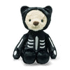 Steiff Mr. Bones Teddy Bear wearing a black skeleton costume with removable hood and skull appliqué, 35cm collectible Halloween bear.