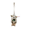 Steiff Sledding Hedgehog Ornament made of tipped mohair with holly bowtie on a wooden sled