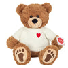 Traditional soft teddy bear wearing a knitted jumper with a heart design.