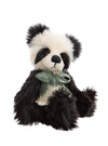 Charlie Bears Anniversary Chi Chi panda with cream and black plush, green bow, and bell necklace,