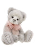 Charlie Bears Belinda plush teddy bear in white with grey tipping and pink bow