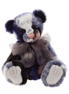 Charlie Bears Calla plush teddy bear in patchwork colors of dusky pink, black, cream, brown, and blue, soft, cuddly, and collectible
