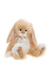 Hazlewood bunny by Charlie Bears with caramel and cream plush fur, floppy ears, and floral lace bow