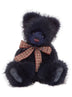 Charlie Bears Indigo teddy bear from 2026 Plumo Collection in deep indigo plush with mohair accents, hand-embroidered burgundy nose, fully jointed with plaid bow