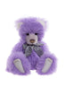 Charlie Bears Marianne collectible teddy bear with purple plush fur, expressive eyes, and grey satin bow