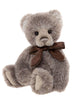 Charlie Bears Norman teddy bear from 2026 Plush Collection in taupe-grey plush with hand-embroidered nose, fully jointed and adorned with a two-tone brown bow