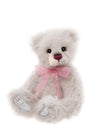 Charlie Bears Rosienna collectible teddy bear with grey plush fur, berry-red nose, sculpted paws, and pink bow