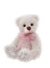 Charlie Bears Rosienna collectible teddy bear with grey plush fur, berry-red nose, sculpted paws, and pink bow