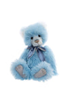 Charlie Bears Suzanne plush bear in ice blue with hand-embroidered golden nose and two-tone bow