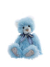 Charlie Bears Suzanne plush bear in ice blue with hand-embroidered golden nose and two-tone bow