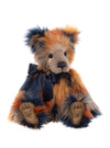 Charlie Bears Wilkinson collectible teddy bear with long-pile multi-coloured plush fur, sculpted paws, and navy bow