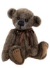 Charlie Bears Wilson 2025 collection plush bear with mottled brown fur and chocolate satin bow