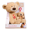 GUND Toothpick Interactive Near-or-Far Bear Set featuring a full-size teddy bear and matching mini keyring plush with voice recorder and red heart embroidery.