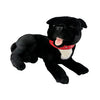 Pepper the laying black staffy plush toy in a relaxed pose, soft and cuddly stuffed dog