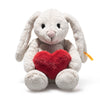 Steiff Hoppie Rabbit Love soft grey plush holding red heart, Button in Ear