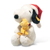 Steiff Snoopy with Woodstock Christmas plush showing Snoopy in a Santa hat cuddling Woodstock