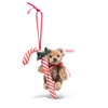 Steiff 8cm brown mohair Teddy bear Christmas ornament holding a red and white candy cane with green satin bow
