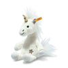 Small Steiff Unica Unicorn plush toy with soft white fur, golden horn and Steiff button-in-ear