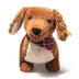Steiff Waldi Dachshund 30cm plush dog with soft fur, bean-filled bottom for sitting, expressive eyes and check neckerchief sitting upright