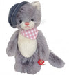 Teddy Hermann Antonio grey mohair tomcat wearing a dark grey cap and pink-and-white checked scarf