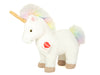 Teddy Hermann Zoey unicorn plush toy with white fur, rainbow mane, and glittering horn