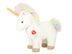 Teddy Hermann Zoey unicorn plush toy with white fur, rainbow mane, and glittering horn