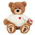 Traditional soft teddy bear wearing a knitted jumper with a heart design.