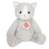 Trixi the grey plush cat with white face, pink stitched nose and mouth, and long tail by Hermann Teddy – baby safe toy